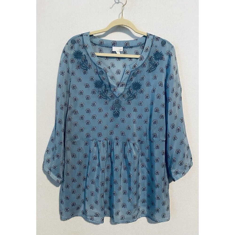 J Jill Top Womens Large Blue Floral Embroidered Sheer Peplum Hem Peasant Boho